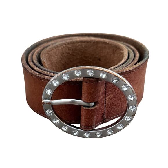 Vintage American Eagle Brown Genuine Leather Rhinestone Buckle Belt Western M - Picture 1 of 7